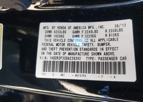 2013 Honda Accord Lx from USA, damaged, VIN 1HGCR2F35DA239240